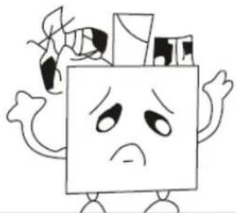 Cartoon character with sad face and broken arms, surrounded by floating objects (no text or symbols)