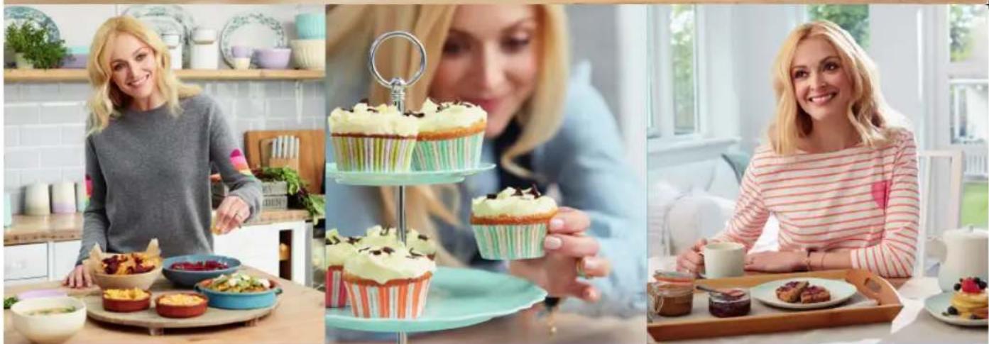 Three women enjoying food and drinks in a kitchen setting, including pastries, cupcakes, and tea sets (no visible text or symbols)