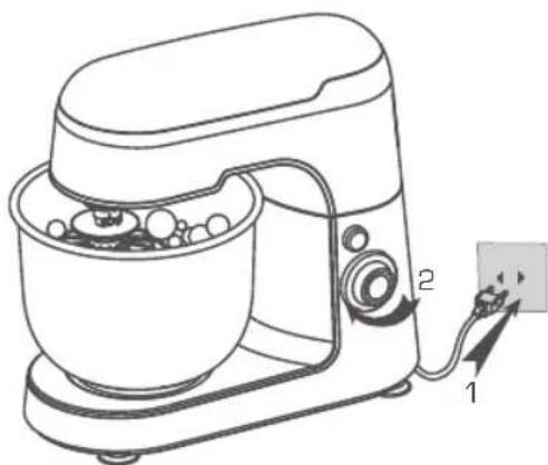 Line drawing of a kitchen mixer with control panel and fan (no text or symbols)