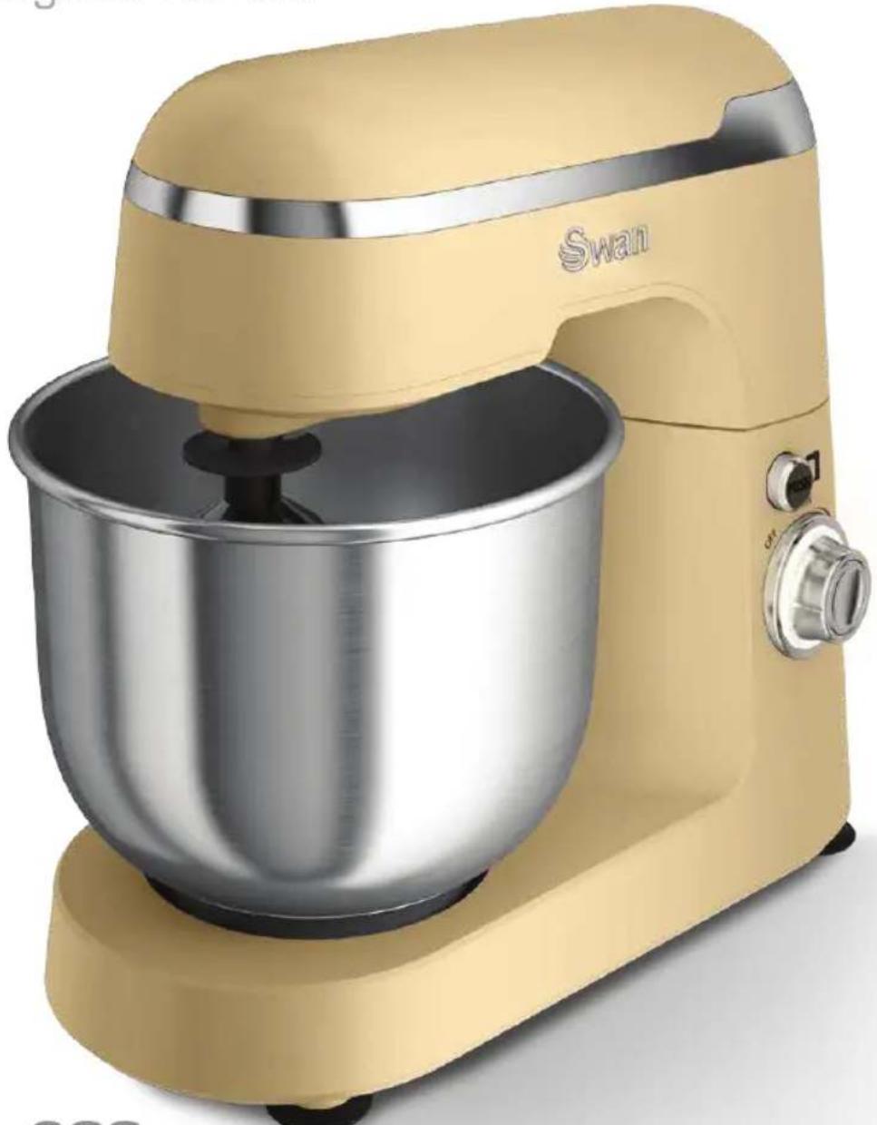Yellow Swan stand mixer with stainless steel bowl and control panel (no visible text or symbols)
