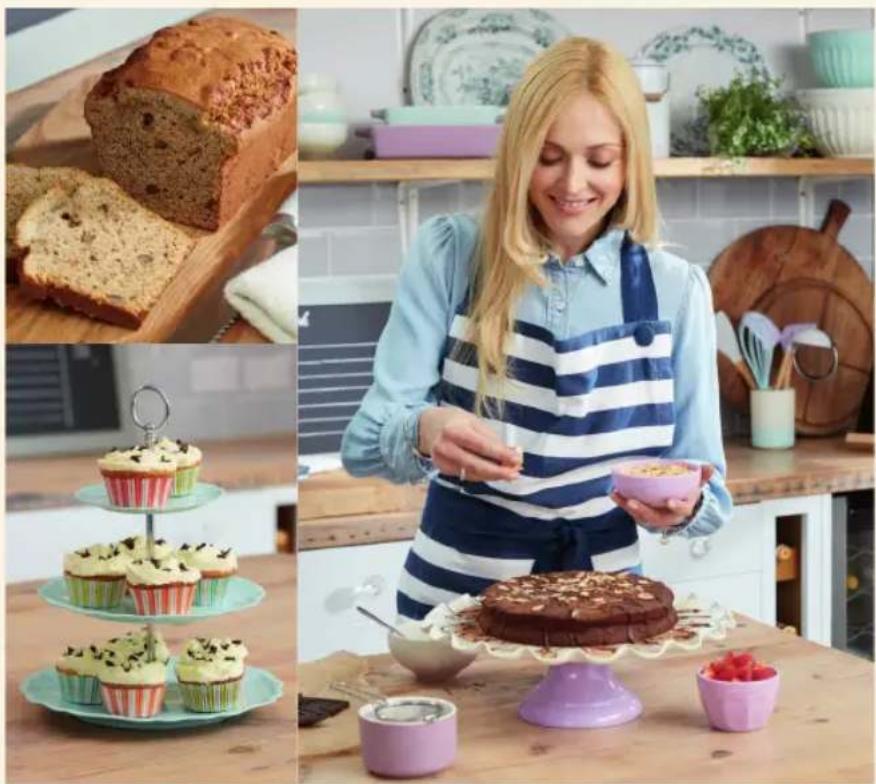 Collage of four food preparation scenes: a slice of bread, three tiered cupcake models, and a woman preparing a cake with toppings (no visible text or symbols)