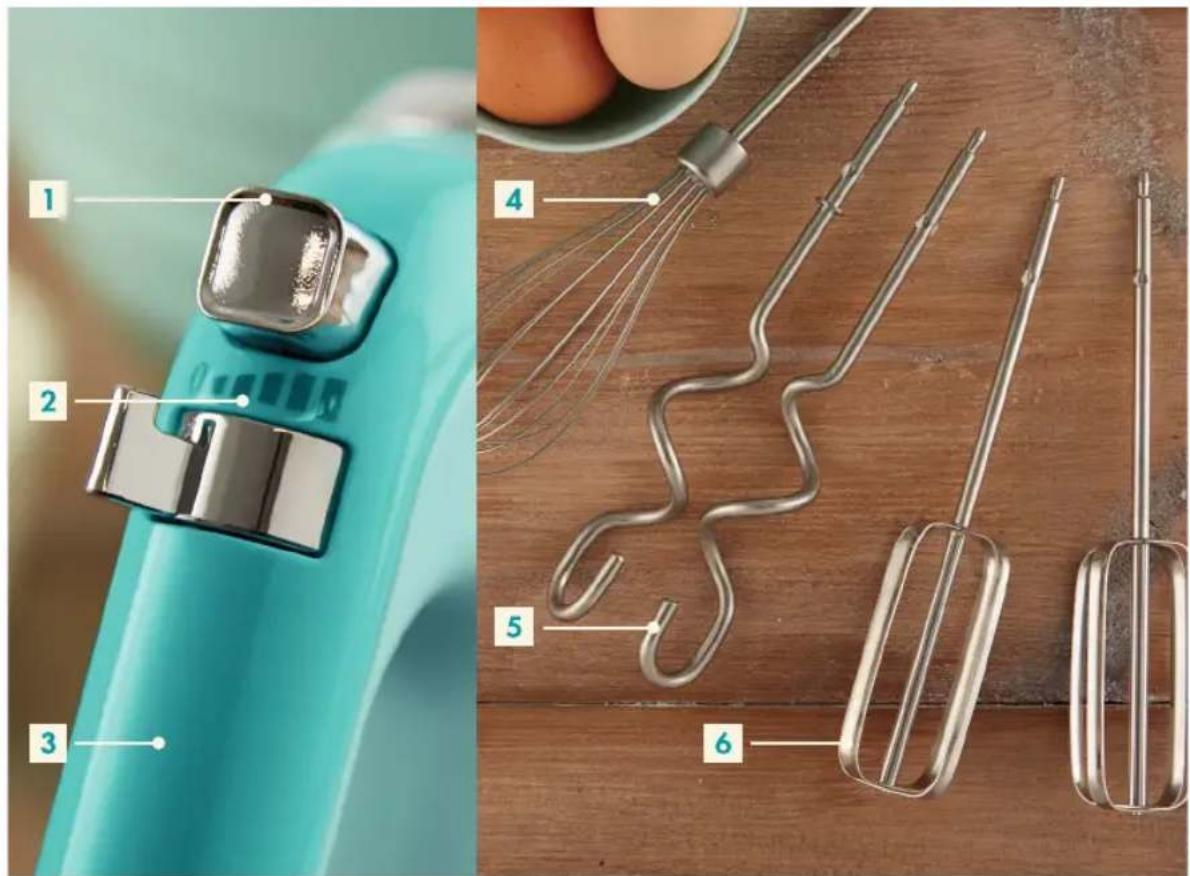 Product catalog image showing a hand mixer and six kitchen utensils with numbered labels