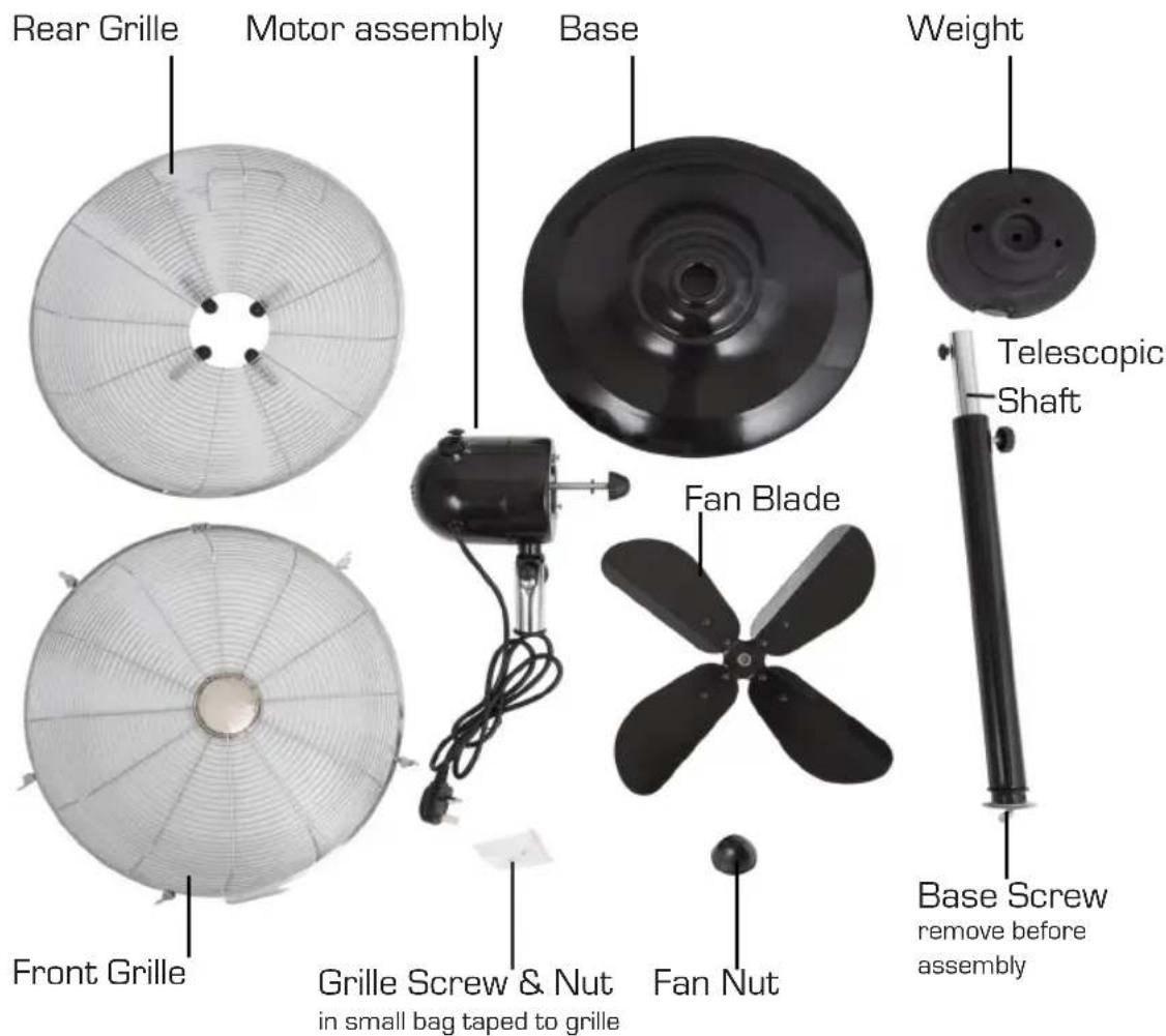 Rear Grille Motor assembly Base Weight Front Grille Grille Screw & Nut in small bag taped to grille Fan Blade Fan Nut Telescopic Shaft Base Screw remove before assembly
