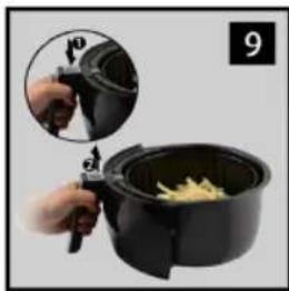 Close-up of a hand using a black air fryer to press cheese into a pan, with an inset showing the step of adding food (no text or symbols visible)