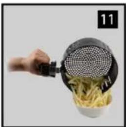 Hand pouring shredded cheese into a bowl (no text or symbols visible)