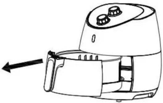 Line drawing of an air fryer with a handle and control knob, showing internal components without any text or symbols.