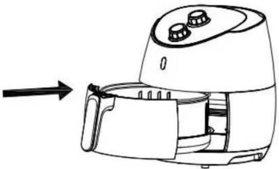 Line drawing of an air fryer with a handle and control knob, showing internal components and a directional arrow (no text or symbols)