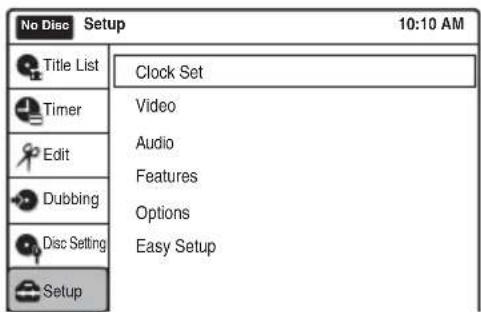 No Disc Setup 10:10 AM Title List Clock Set Timer Video Edit Audio Features Dubbing Options Disc Setting Easy Setup Setup