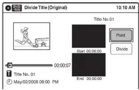 DV0 RW Divide Title (Original) 10:10 AM Title No.01 Start 00:00:00 Point Divide 00:00:07 End 00:00:00 Title No. 01 May/02/2008 08:00 PM