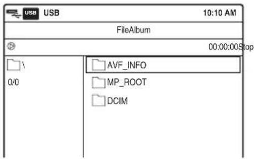 USB USB 10:10 AM FileAlbum 00:00:00 Stop AVF_INFO MP_ROOT DCIM