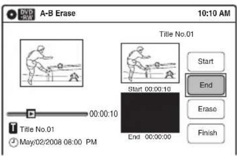 A-B Erase 10:10 AM Title No.01 Start 00:00:10 End 00:00:00 Start End Erase Finish Title No.01 May/02/2008 08:00 PM