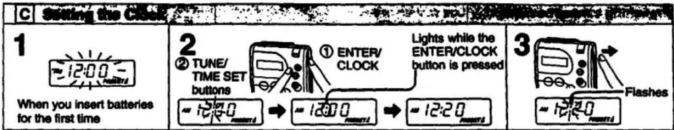 C Sitting the Clock 1 When you insert batteries for the first time 2 TUNE/ TIME SET buttons ① ENTER/ CLOCK Lights while the ENTER/CLOCK button is pressed 12:00 12:00 12:20 Flashes