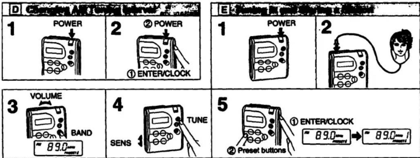 D 1 POWER 2 ② POWER ① ENTER/CLOCK E 1 POWER 2 3 VOLUME BAND 89.0 SENS TUNE 5 ① ENTER/CLOCK 89.0 ② Preset buttons → 89.0