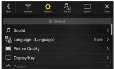 Back Wireless General Source System Close General Sound Language (Language) English Picture Quality Display/Key General