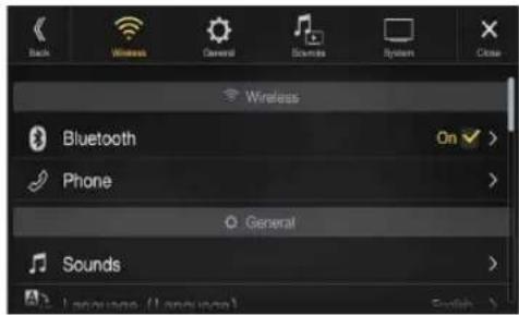 Back Wireless General Sources System Close Wireless Bluetooth On Phone General Sounds Languages (Language) Switch