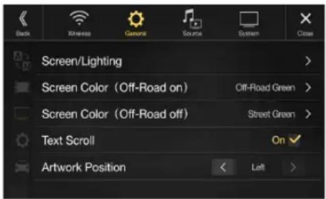 Back Wireless General Source System Cross Screen/Lighting Screen Color (Off-Road on) Off-Road Green Screen Color (Off-Road off) Street Green Text Scroll On Artwork Position Left