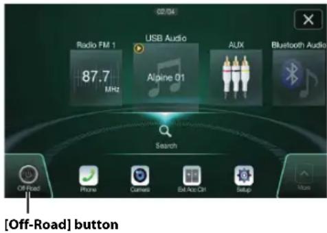 02/04 Radio FM 1 87.7 MHz USB Audio Alpine 01 AUDX Bluetooth Audio Search Off-Road Phone Camera Ext Arc Ctrl Setup Muss [Off-Road] button