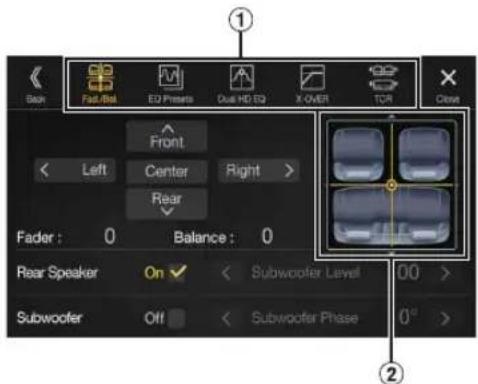 Back Fast/Hot ED Pressets Dual HD EQ X OVER TCP Close Front Left Center Right > Rear Fader : 0 Balance : 0 Rear Speaker On Subwoofer Level 00 > Subwoofer Off Subwoofer Phase 0° >