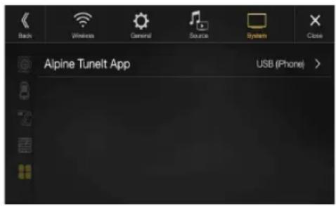 Back Wireless General Source System Close Alpine Tunelt App USB (Phone) >