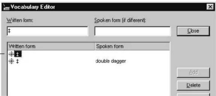 Vocabulary Editor Written form: Spoken form (if different): Close Written form Spoken form double dagger Add Delete