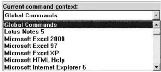 Current command context: Global Commands Global Commands Lotus Notes 5 Microsoft Excel 2000 Microsoft Excel 97 Microsoft Excel XP Microsoft HTML Help Microsoft Internet Explorer 5