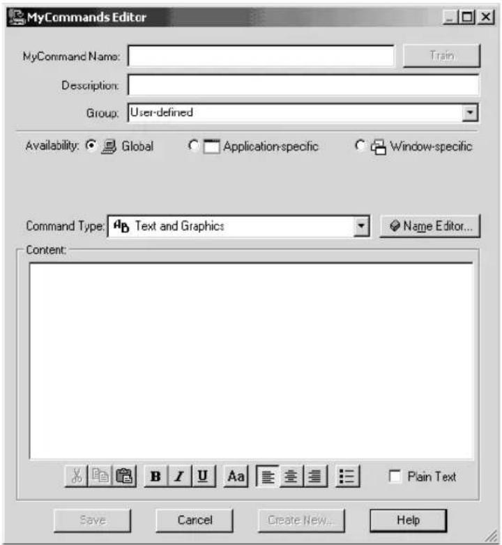 MyCommands Editor MyCommand Name: Description: Group: User-defined Availability: Global Application-specific Window-specific Command Type: Text and Graphics Name Editor... Content: Save Cancel Create New... Help