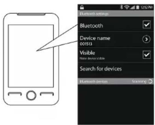 Bluetooth settings Bluetooth Device name 001513 Visible Make device visible Search for devices Bluetooth devices Scanning