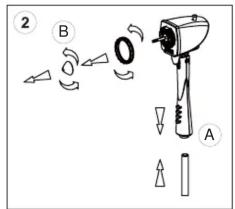 Diagram illustrating a mechanical device with labeled parts A and B, showing motion indicators and component placement.