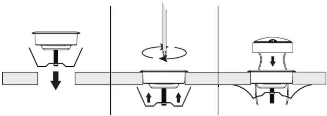 Diagram illustrating mechanical assembly steps with labeled components and directional arrows
