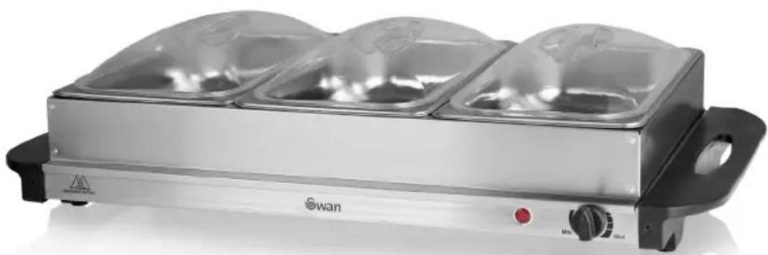 Exterior view of a modern stainless steel electric heater (Swan) with three dome-shaped enclosures and control knobs (no text or symbols on main body)