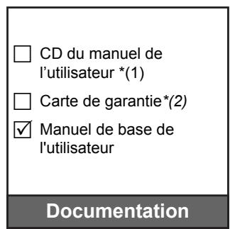 CD du manuel de l'utilisateur *(1) Carte de garantie *(2) Manuel de base de l'utilisateur Documentation