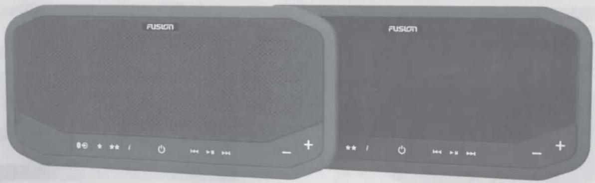 Two Fusion audio/video speakers with speaker controls and playback buttons (no visible text or symbols on devices)