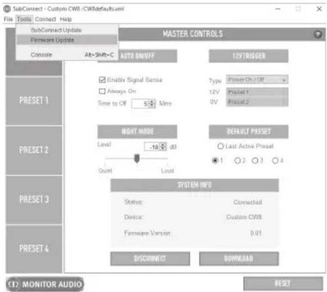 SubConnect - Custom CWB /CWB defaults.xml File Tools Connect Help SubConnect Update Firmware Update Console Alt-Shrs-C AUTO ON/OFF 12V TRIGGER Enable Signal Sense Always On Time to Off 5 Min Type Power On / Off 12V Preset.1 0V Preset.2 RIGHT MODE Level -18 dB Quint Loud DEFAULT PRESET Last Active Preset 1 2 3 4 SYSTEM INFO Status Connected Device Customs CWB Firmware Version 0.01 DISCONNECT DOWNLOAD RESET PRESET 1 PRESET 2 PRESET 3 PRESET 4 CD MONITOR AUDIO RESET