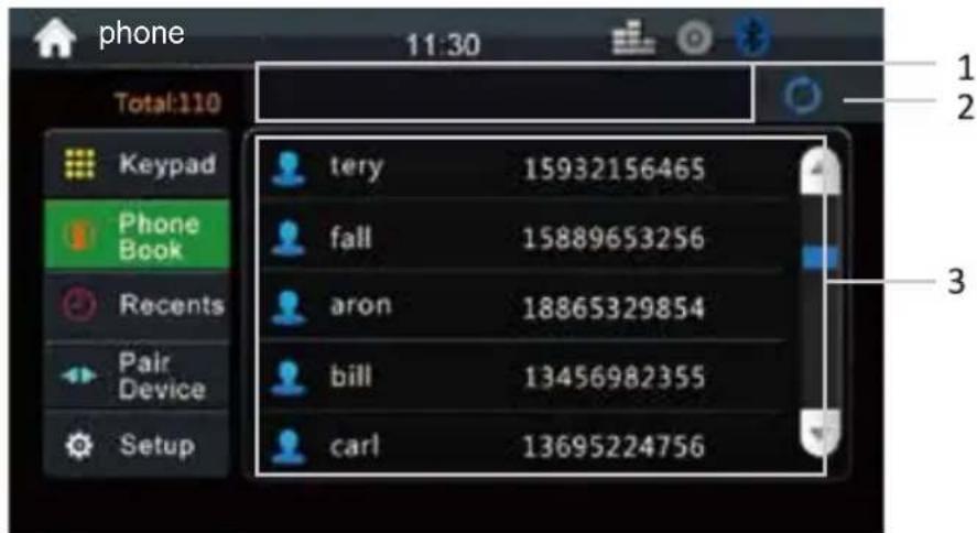 phone 11:30 Total:110 Keypad Phone Book Recents Pair Device Setup tery 15932156465 fall 15889653256 aron 18865329854 bill 13456982355 carl 13695224756 1 2 3