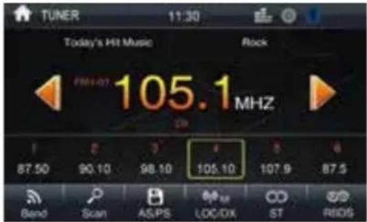 TUNER 11:30 Today's Hit Music Rock 105.1 MHZ 87.50 90.10 98.10 105.10 107.9 87.5 Band Scan ASPS LOC/DX ST REDS