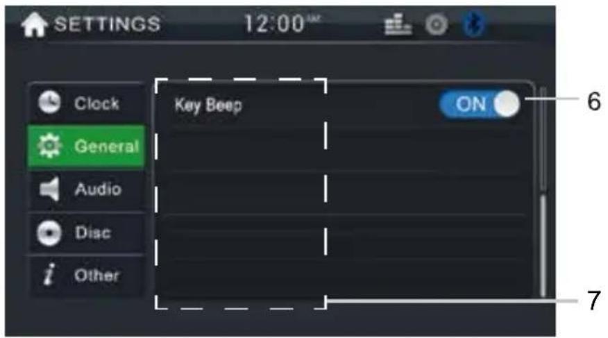 SETTINGS 12:00™ Clock General Audio Disc i Other Key Beep ON 6 7