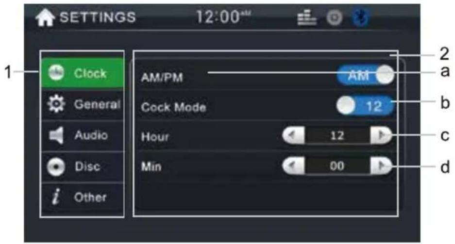 SETTINGS 12:00 1 Clock General Audio Disc i Other AM/PM AM Cock Mode 12 Hour 12 Min 00 2 a b c d
