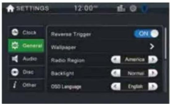 SETTINGS 12:00 Clock General Audio Disc Other Reverse Trigger ON Wallpaper Radio Region America Backlight Normal OSO Language English