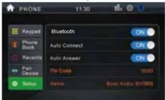PHONE 11:30 Keypad Phone Book Recents Pair Device Setup Bluetooth Auto Connect Auto Answer Pin Code 5000 Name: Bose Audio BV7888