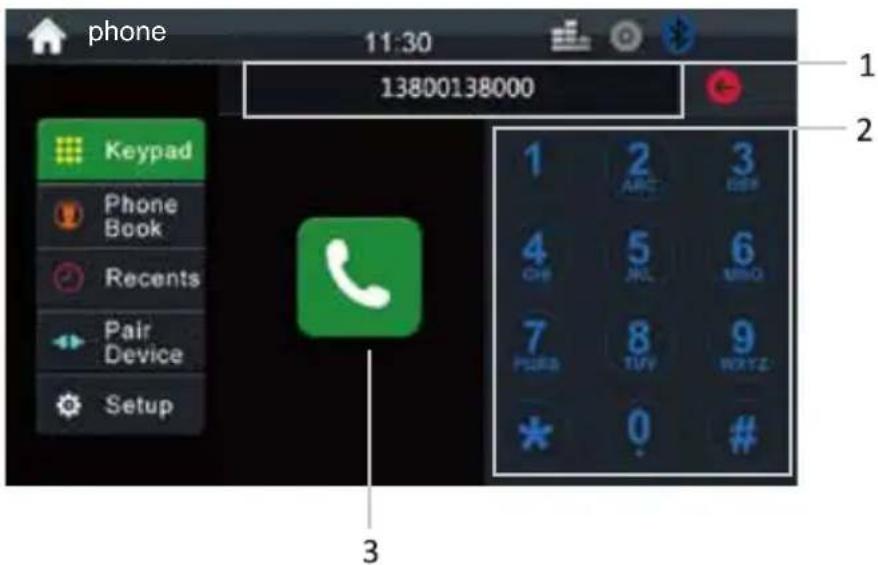 phone 11:30 13800138000 Keypad Phone Book Recents Pair Device Setup 1 2 ABC 3 4 CHE 5 JNJL 6 MND 7 PUBS 8 TUV 9 WXYZ * 0 # 3
