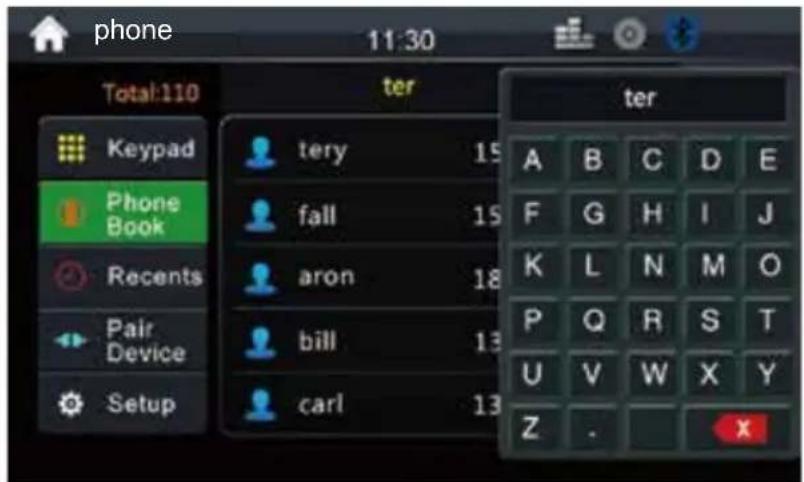 phone 11:30 Total:110 ker ter Keypad Phone Book Recents Pair Device Setup tery 15 fall 15 aron 18 bill 13 carl 13 A B C D E F G H I J K L N M O P Q R S T U V W X Y Z . x