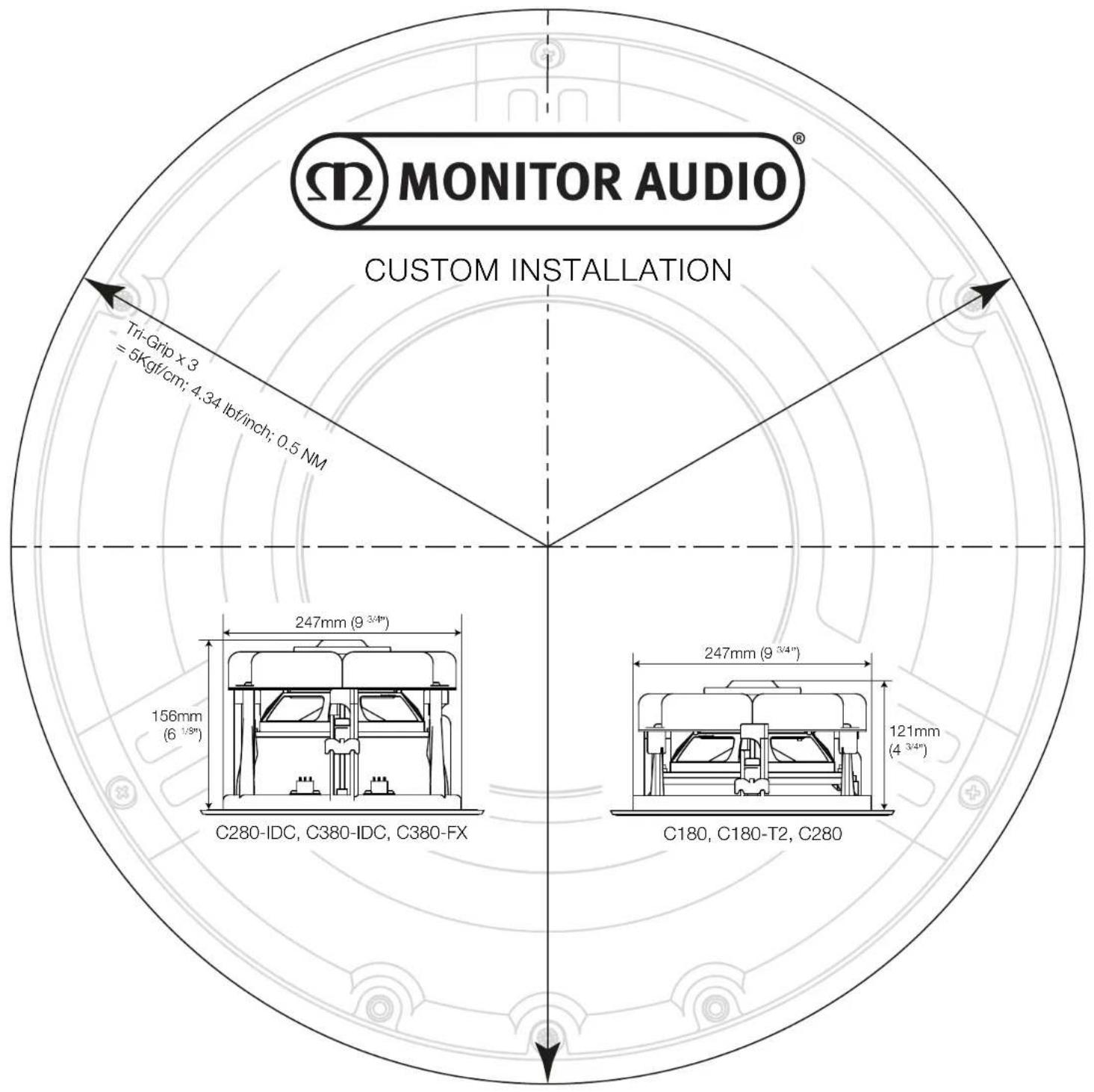 MONITOR AUDIO® CUSTOM INSTALLATION Tri-Grip x 3 = 5Kgf/cm; 4.34 lbf/inch; 0.5 NM 247mm (9 3/4") 156mm (6 1/8") C280-IDC, C380-IDC, C380-FX 247mm (9 3/4") 121mm (4 3/4") C180, C180-T2, C280