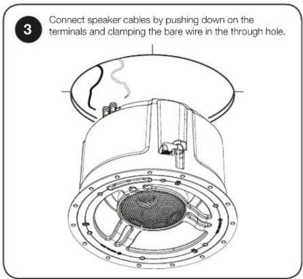 3 Connect speaker cables by pushing down on the terminals and clamping the bare wire in the through hole.