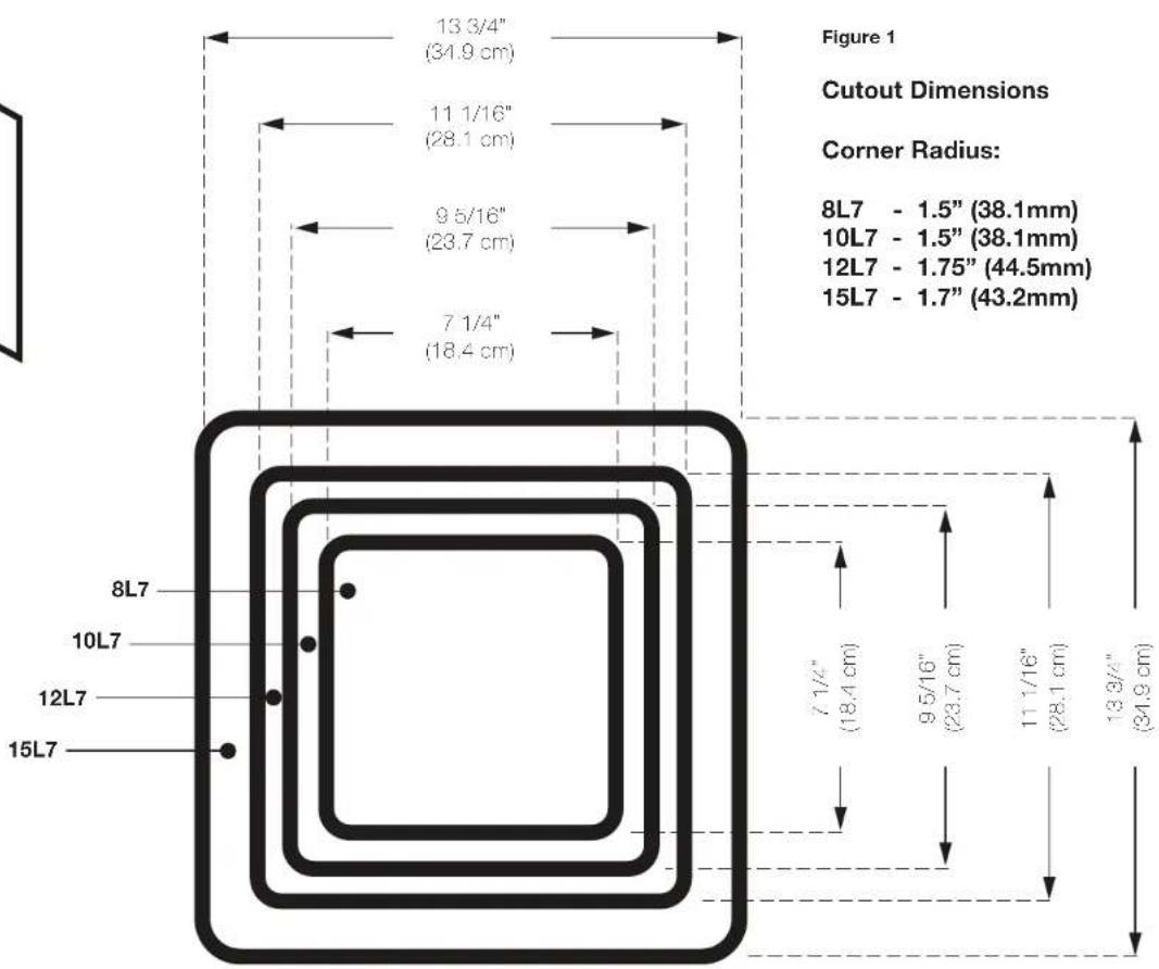13 3/4" (34.9 cm) 11 1/16" (28.1 cm) 9 5/16" (23.7 cm) 7 1/4" (18.4 cm) Figure 1 Cutout Dimensions Corner Radius: 8L7 - 1.5" (38.1mm) 10L7 - 1.5" (38.1mm) 12L7 - 1.75" (44.5mm) 15L7 - 1.7" (43.2mm) 8L7 10L7 12L7 15L7 7 1/4" (18.4 cm) 9 5/16" (23.7 cm) 11 1/16" (28.1 cm) 13 3/4" (34.9 cm)