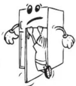 Cartoon illustration of a character inside a computer door, showing arms and legs (no text or symbols).