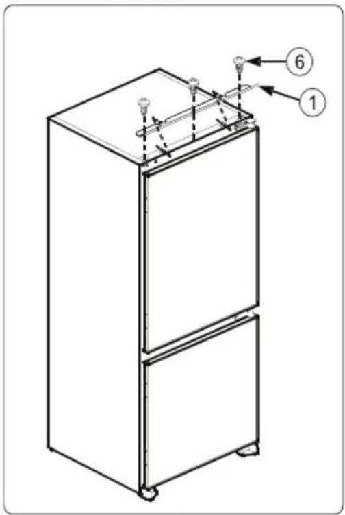 Technical diagram of a refrigerator with labeled parts 1 and 6, showing structural components and wiring connections.