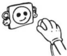 Simple line drawing of a smiling face on a phone and a hand holding a small object (no text or symbols).