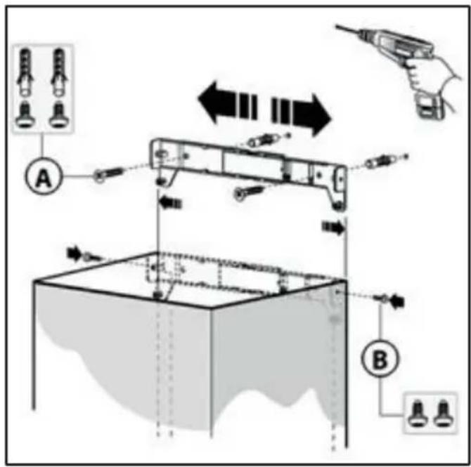 Diagram illustrating a mechanical or electrical system with labeled components A and B, showing connections between devices, tools, and a tool.
