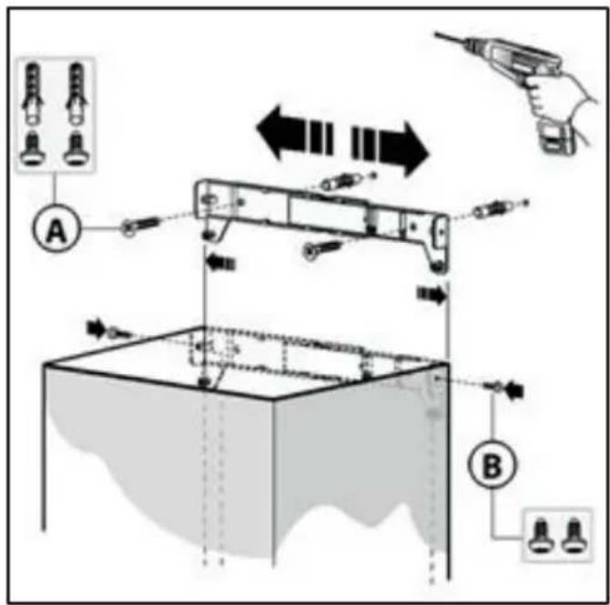Diagram illustrating a mechanical assembly or inspection process with labeled components A and B, showing tool positioning and directional arrows.