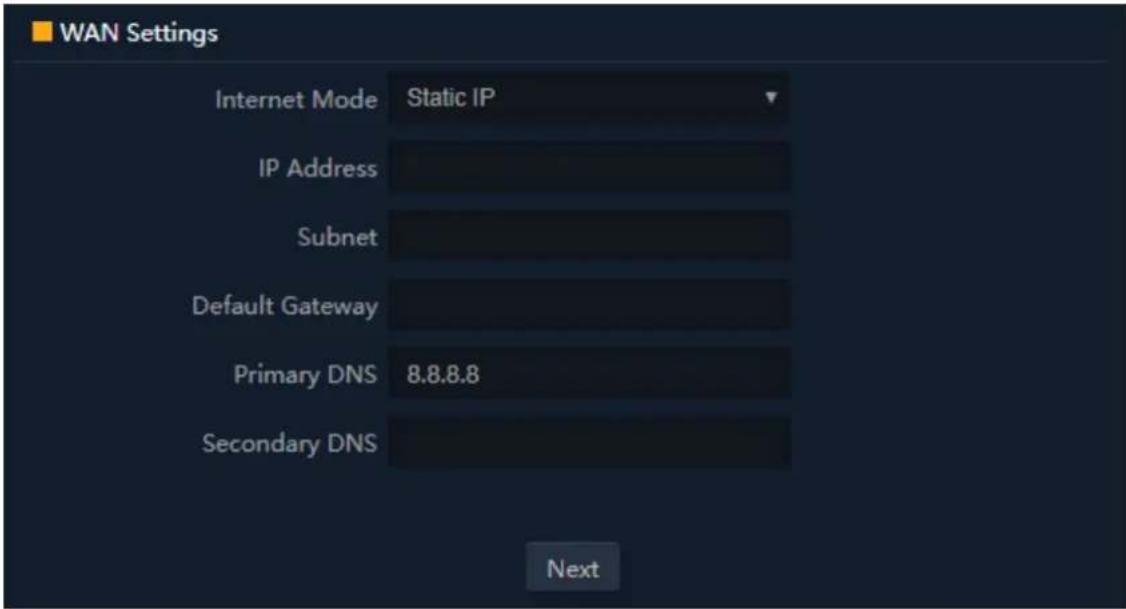 WAN Settings Internet Mode Static IP IP Address Subnet Default Gateway Primary DNS 8.8.8.8 Secondary DNS Next